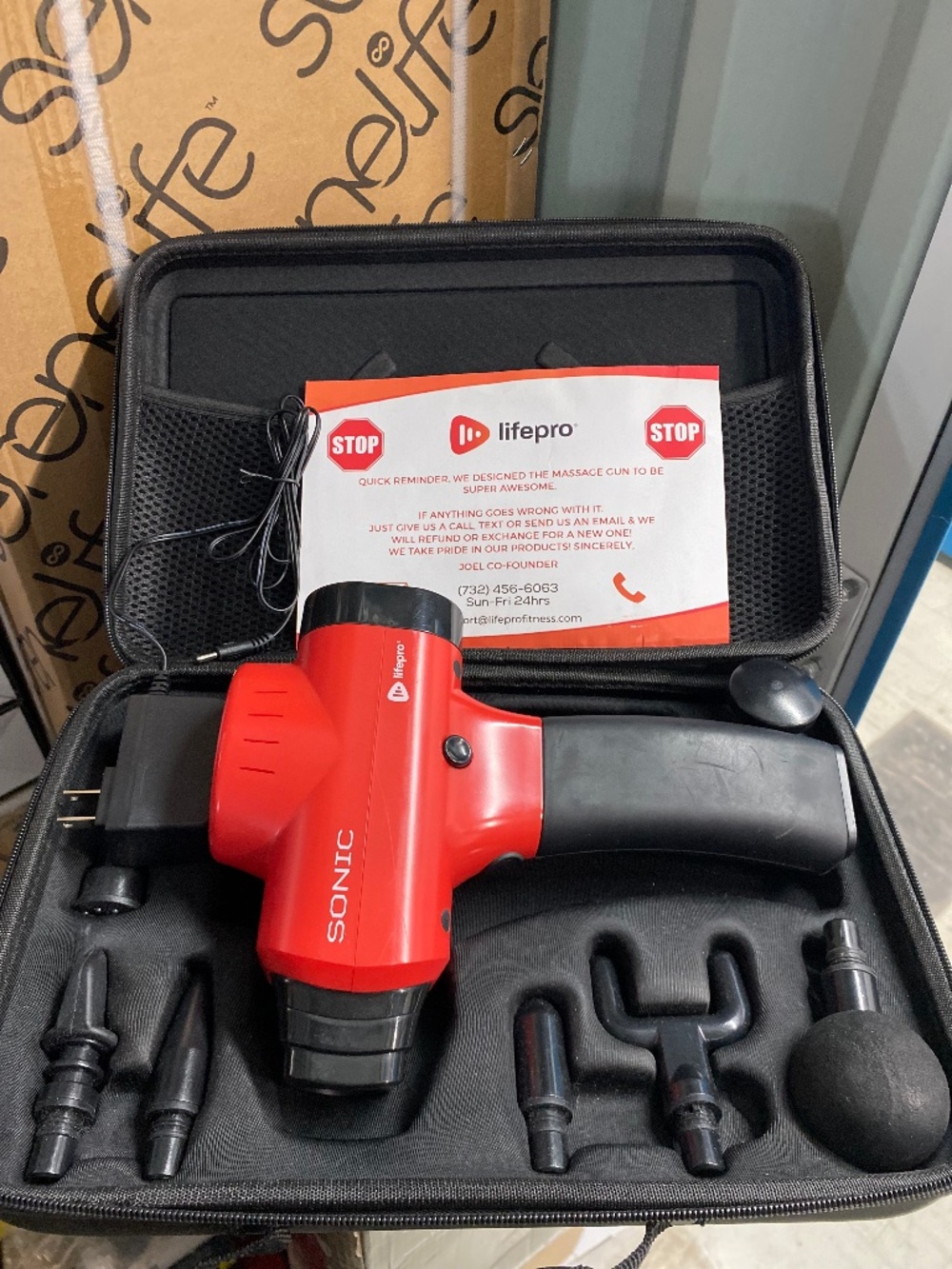 Lifepro Sonic Percussion Massage Gun - Red - Complete Kit with Case